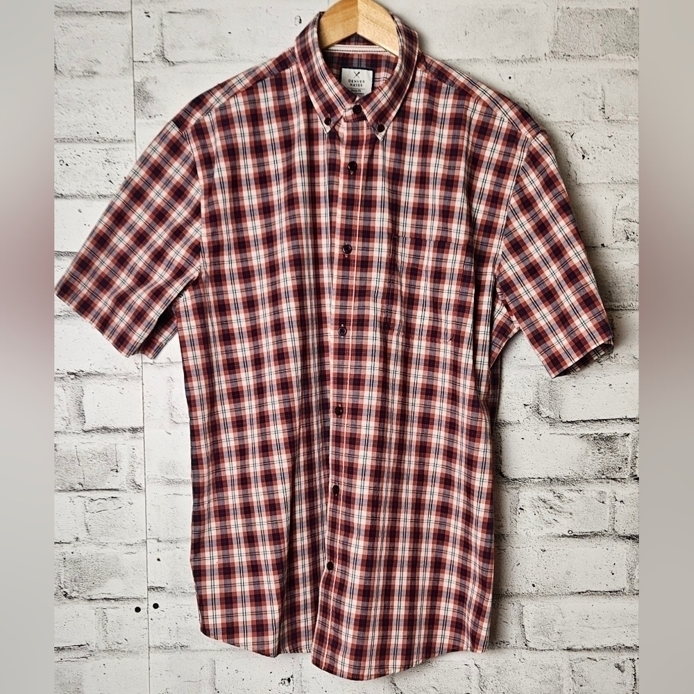 Denver Hayes Men’s Plaid Short Sleeve Button Down Shirt Red White L